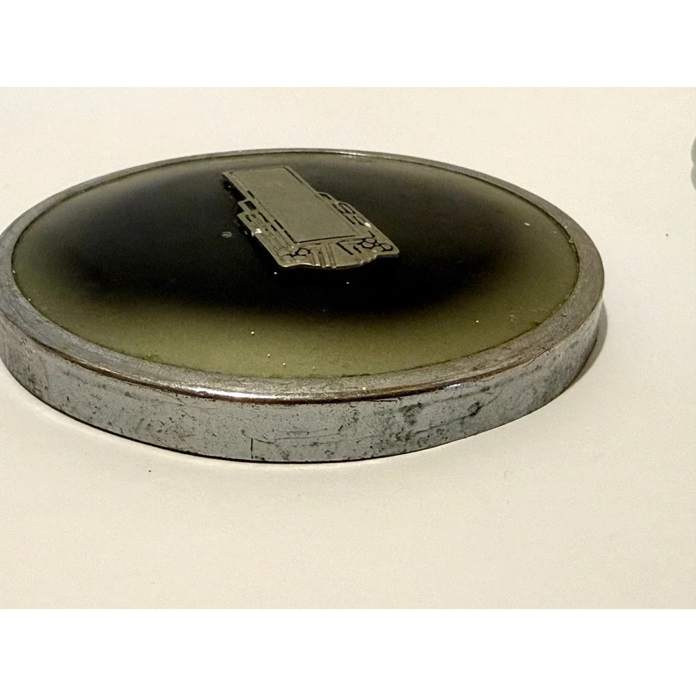Vintage Art Deco Powder Jar Frosted Glass Metal Lid Skyscraper Vanity Trinket
